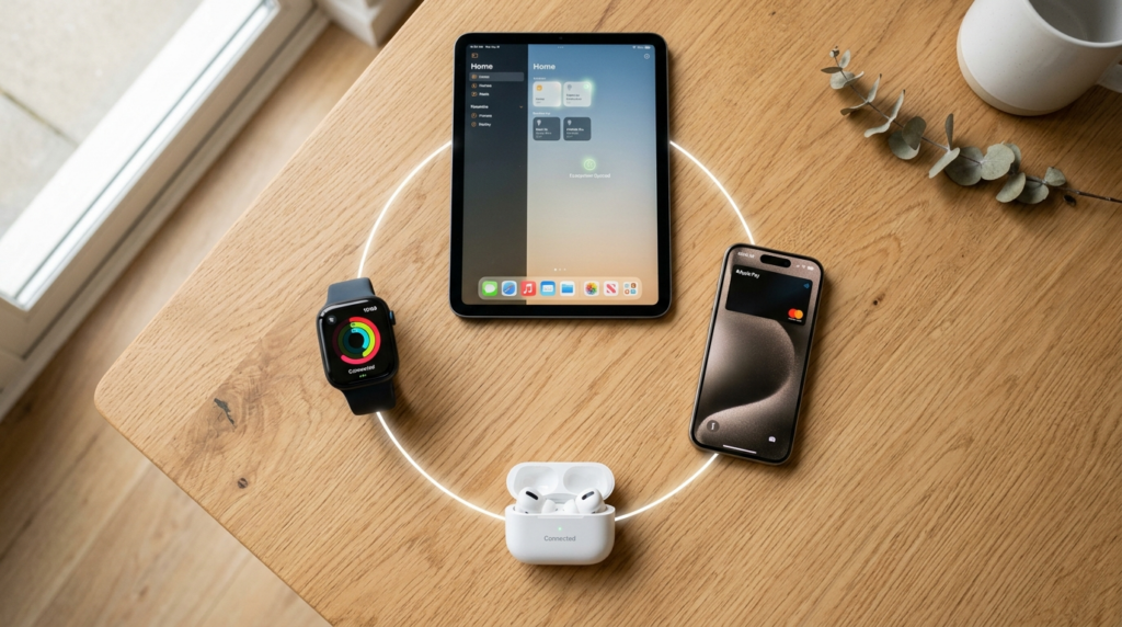 Close-up flat lay photography of interconnected Apple ecosys