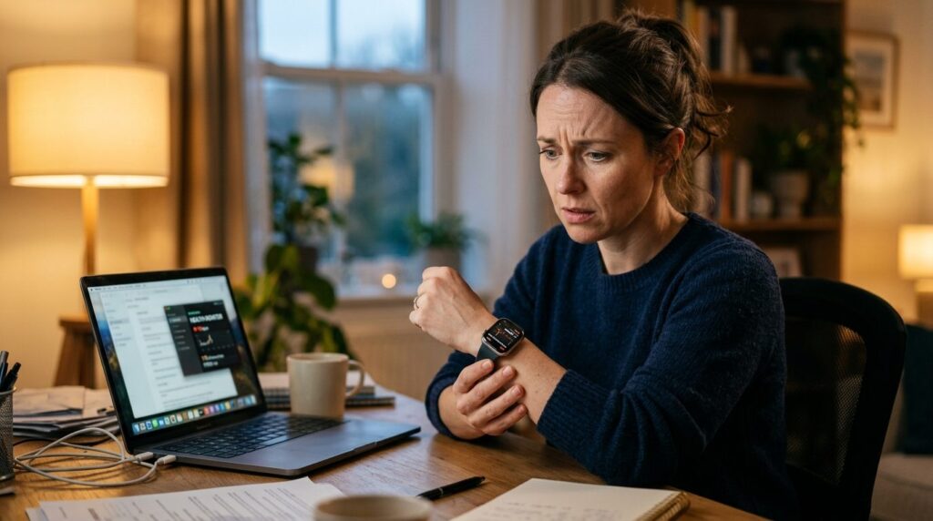 Stressed person checking smartwatch on wrist with concerned