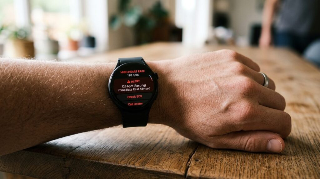 Close-up of smartwatch face displaying health warning indica