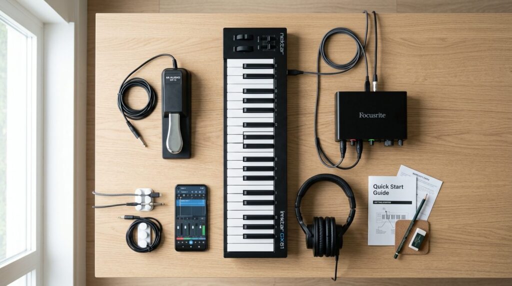 Flat-lay overhead view of beginner keyboard setup components