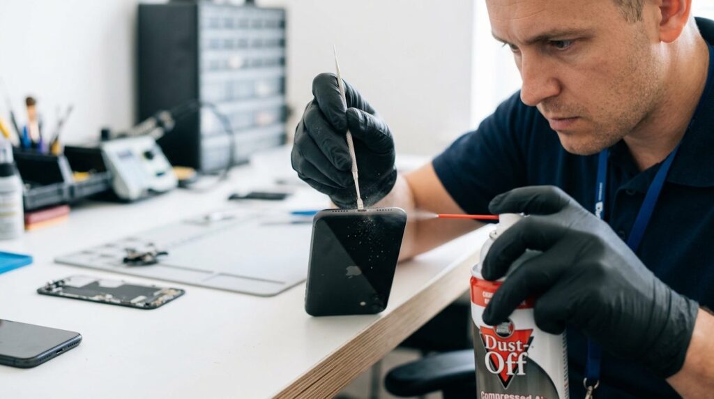 Professional technician using a thin metal cleaning tool and