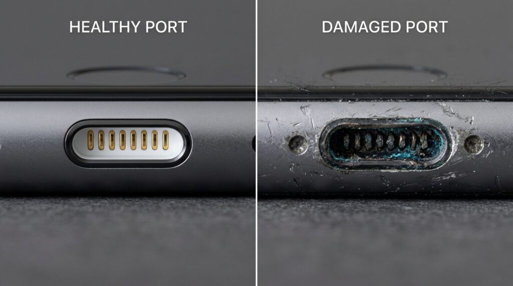 Side-by-side comparison shot of a healthy iPhone charging po