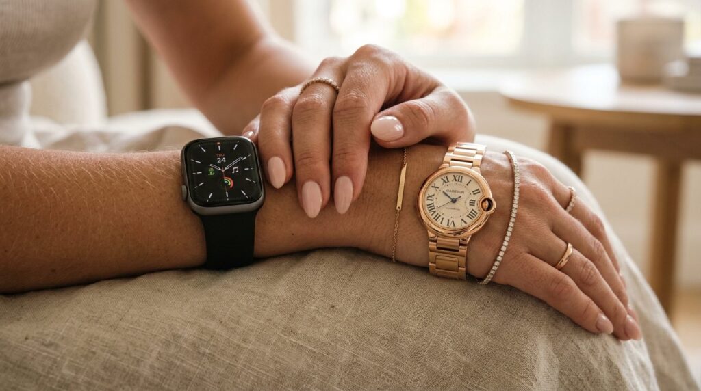 Kvinde viser begge håndled med smartwatch og armbånd båret sammen.