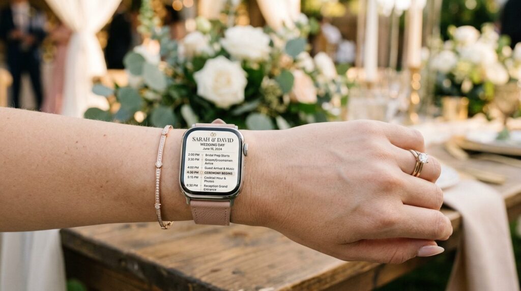 Smartwatch-skærm viser detaljer med tidsplan for bryllupsdag.